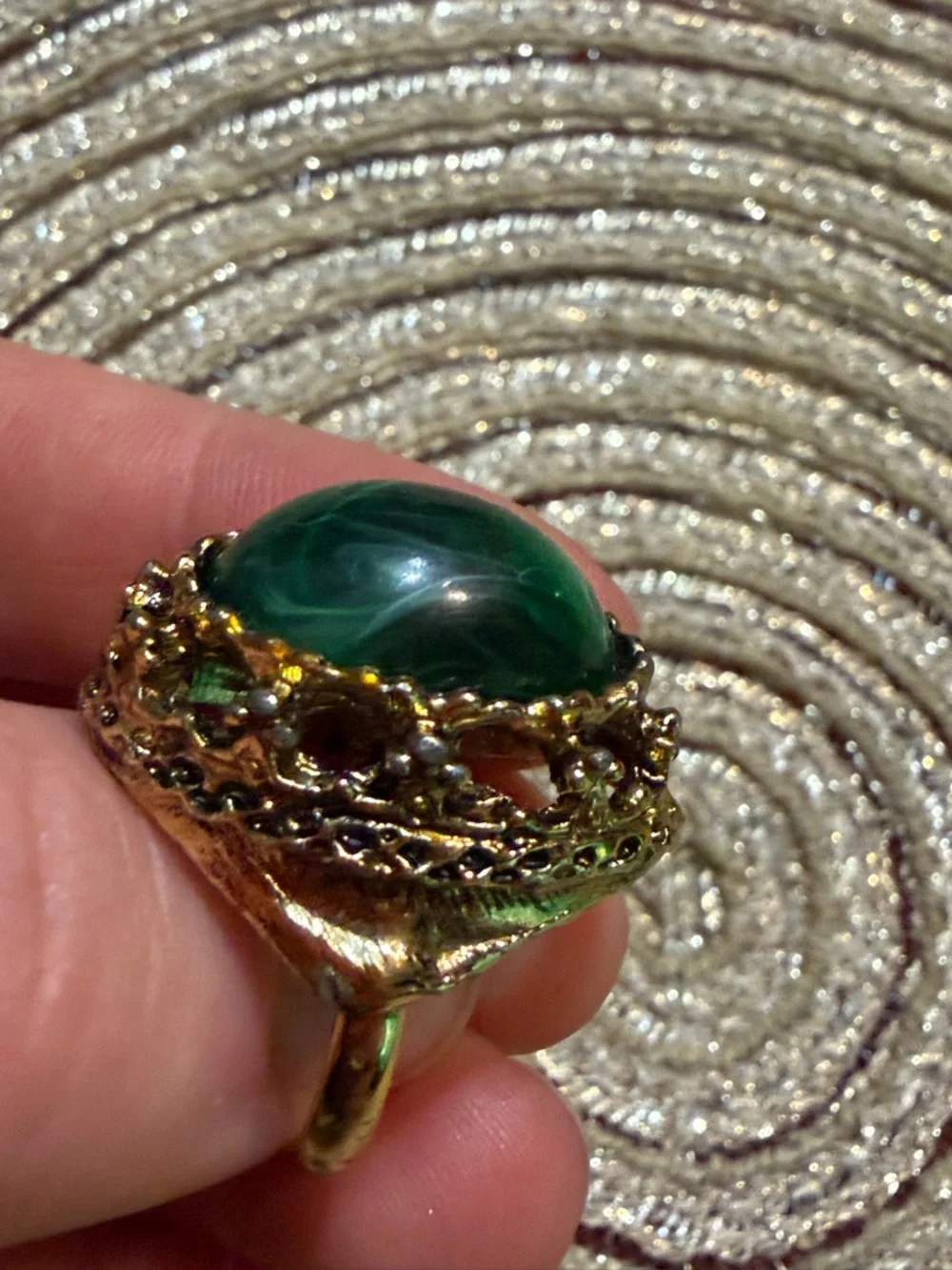 Vintage Style Green Stone Statement Ring Adjustable Gold Tone Cabochan Oval Boho